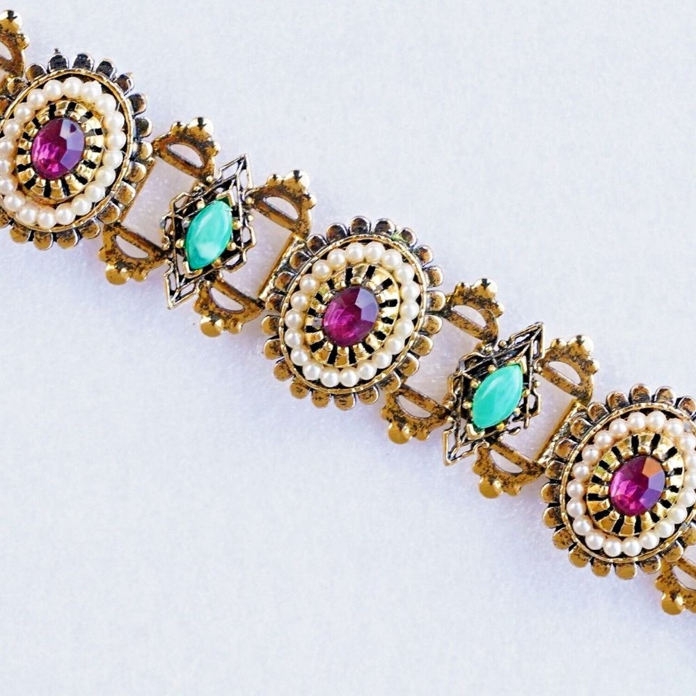 Victorian Revival Amethyst Rhinestone Jade Gold Book Chain Bracelet Florenza